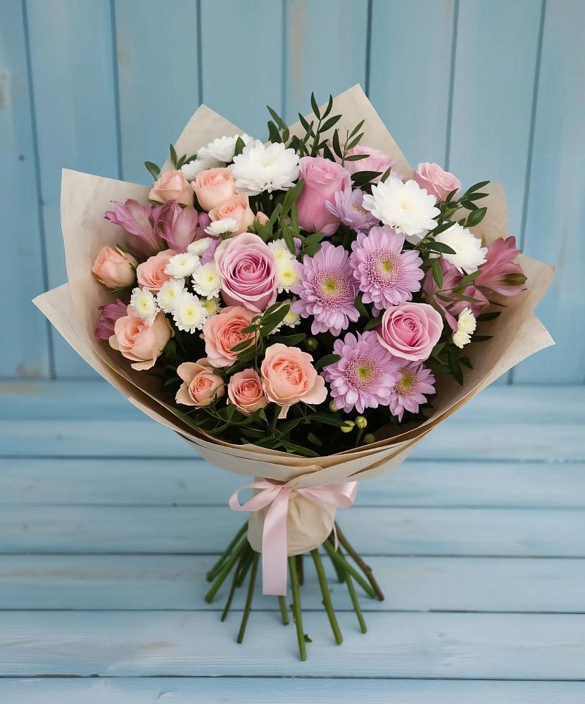 Букет цветов из: Хризантемы, Розы и Альстромерии в Гальчино