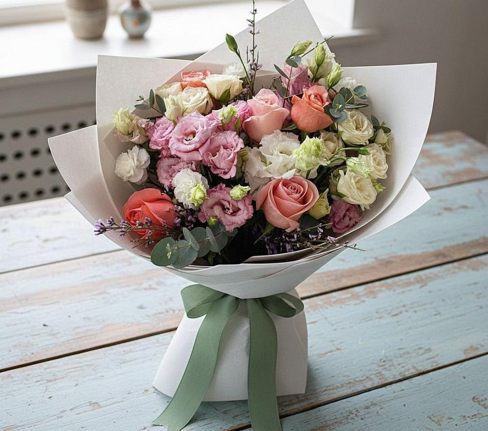 Букет цветов из: Розы, Лизиантусы и Гвоздики в Гальчино