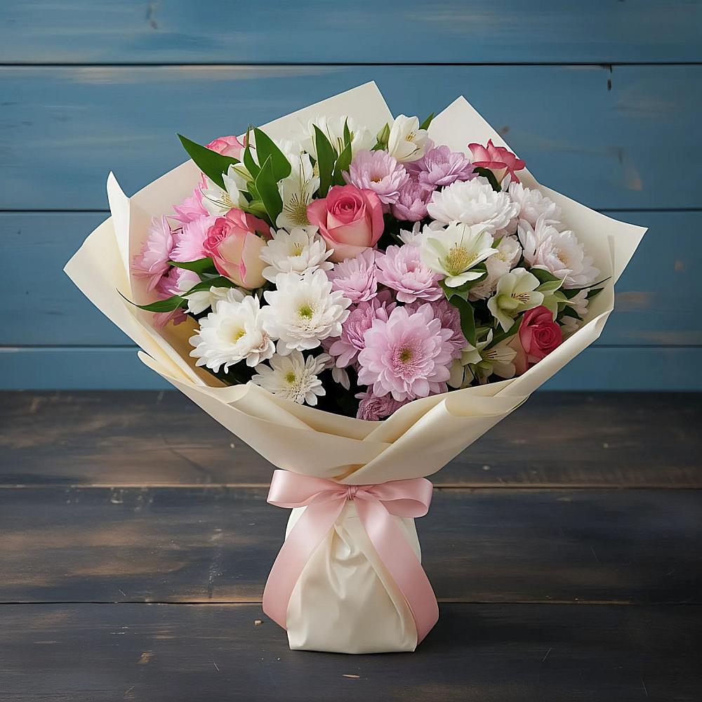 Букет цветов из: Хризантемы, Альстромерии и Розы в Гальчино